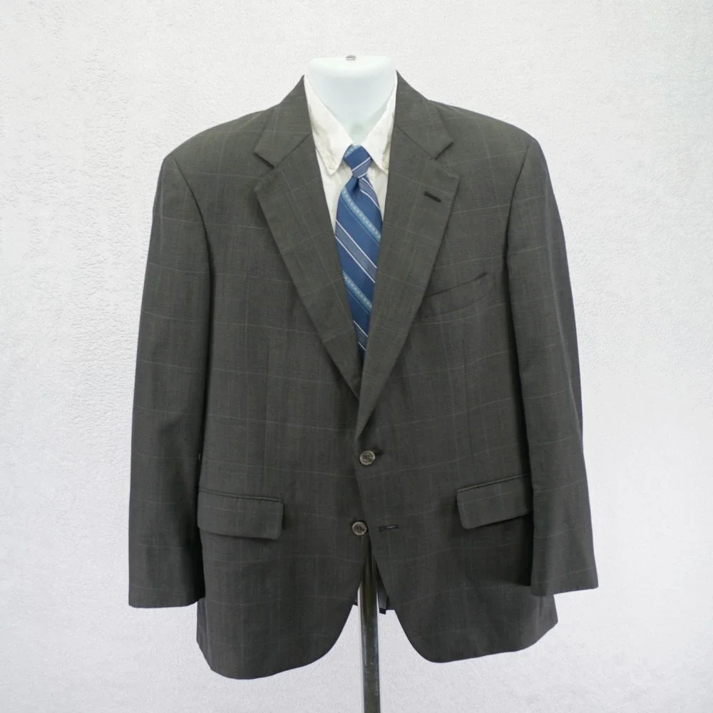 DAMAGED Jos A Bank Wool Green Plaid 2 Piece Suit 40R 35 / 31 W/ Orange Red Wind